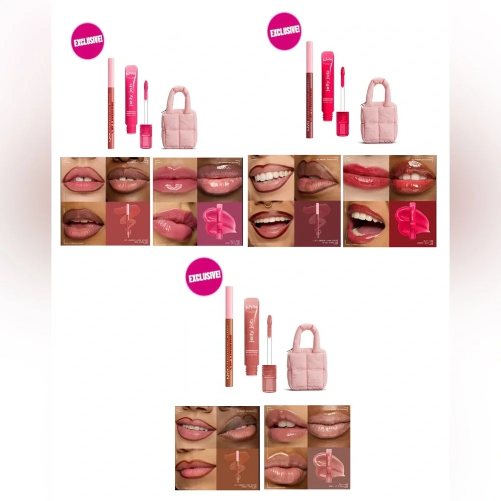 NYX Lip Gloss & Balm Trio Set with Pink Quilted Mini Bag - Neutral & Pink Shades